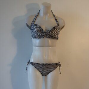 Womens JETS By Jessika Allen Navy Blue, White Striped 2PC Bikini Swimsuit 10